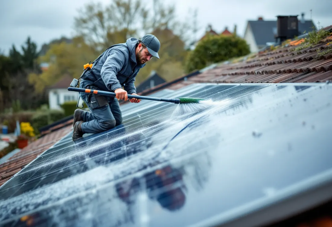Nettoyage de panneaux solaires à la perche télescopique et à l'eau osmosée